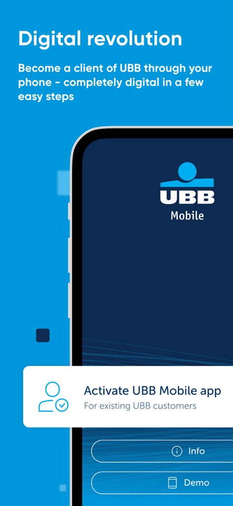 UBB Mobile app interface showing the digital revolution onboarding screen for opening a bank account and activating the mobile app.