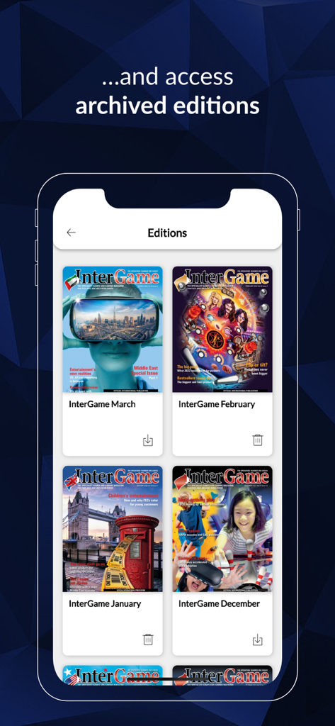 InterGame app screen displaying a list of archived monthly magazine editions for industry professionals.