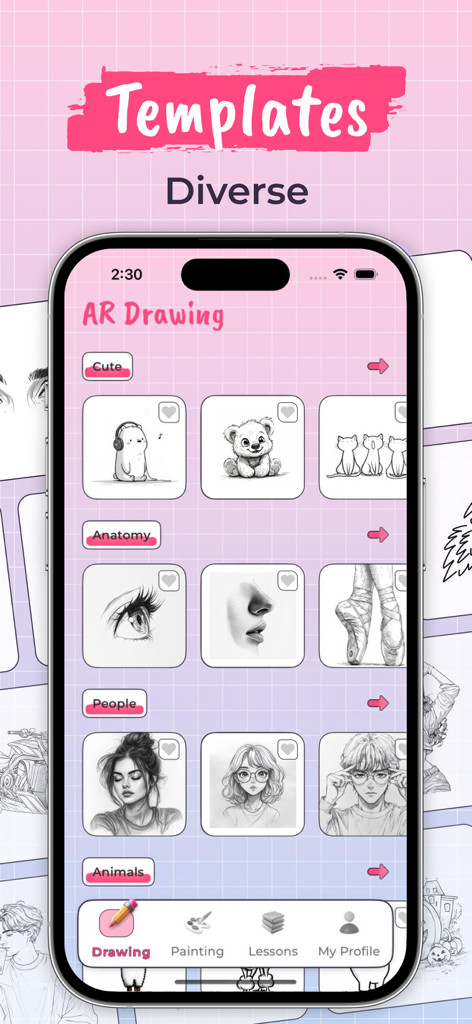 Ar Drawing: Paint & Sketch Art - Interfaz de la aplicación AR Drawing que muestra una diversa biblioteca de plantillas de bocetos para calcar