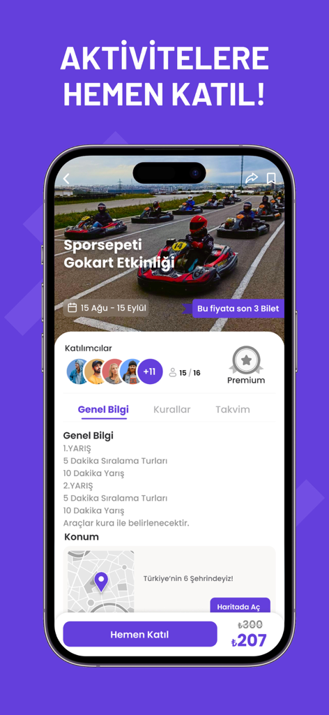 Sporsepeti - Mobile screen of Sporsepeti app displaying a go-kart activity with event details and booking button