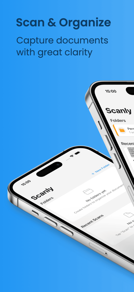 Scanly: PDF Scanner - Scanly app interface on two iPhones showing document scanning and folder organization features