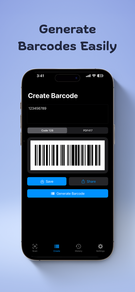 Barcode Scanner+ Generator Pro - Interfaz para crear códigos de barras personalizados en la aplicación Barcode Scanner+ Generator Pro