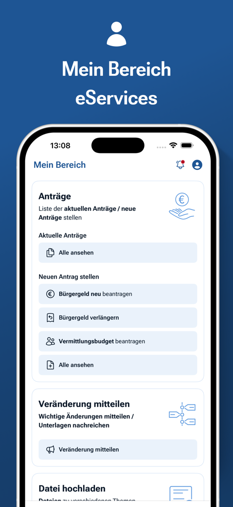 Jobcenter-App - 수당 신청 및 서비스 요청을 보여주는 Jobcenter 앱 사용자 인터페이스
