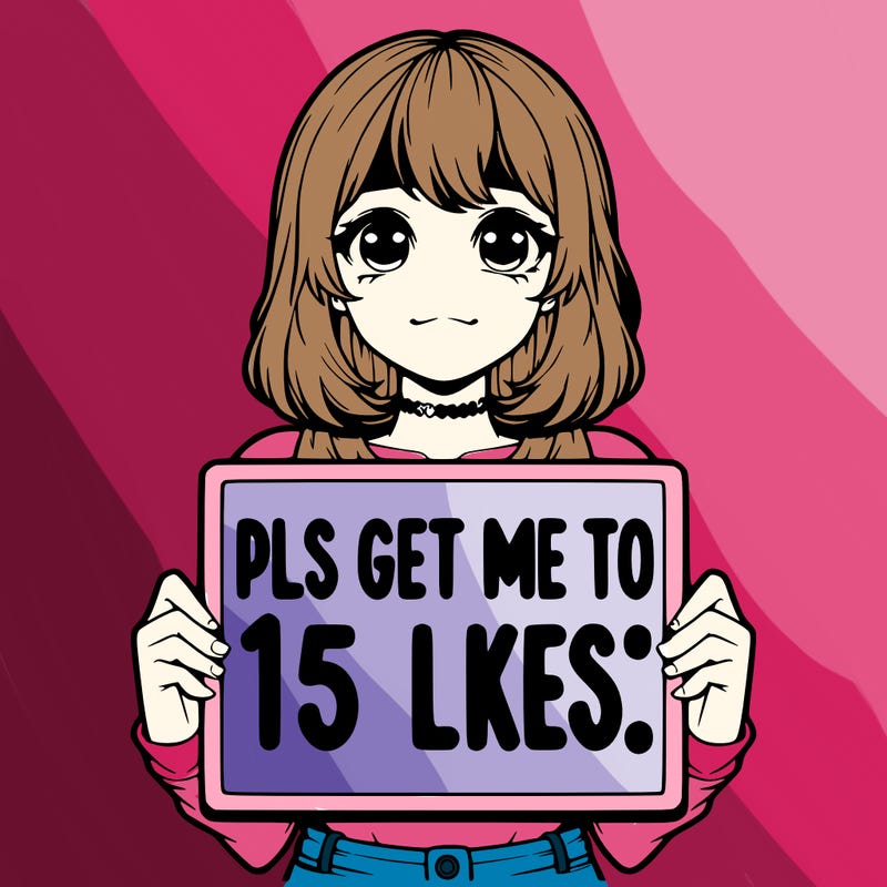 realistic girl holding up a sign that says “pls get me to 15 likes!”
