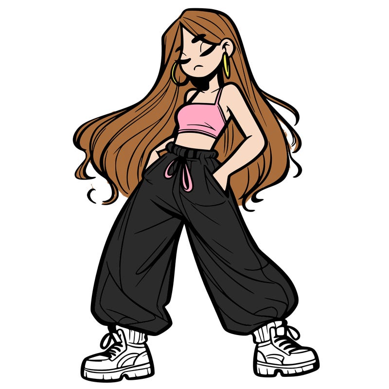 girl in baggy pants crop top and long hair