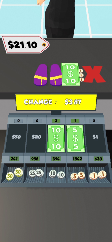 A screenshot of the Cashier 3D mobile game showing a cash register drawer with various bills and coins
