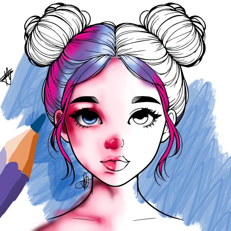 realistic girl with two buns on top of her head