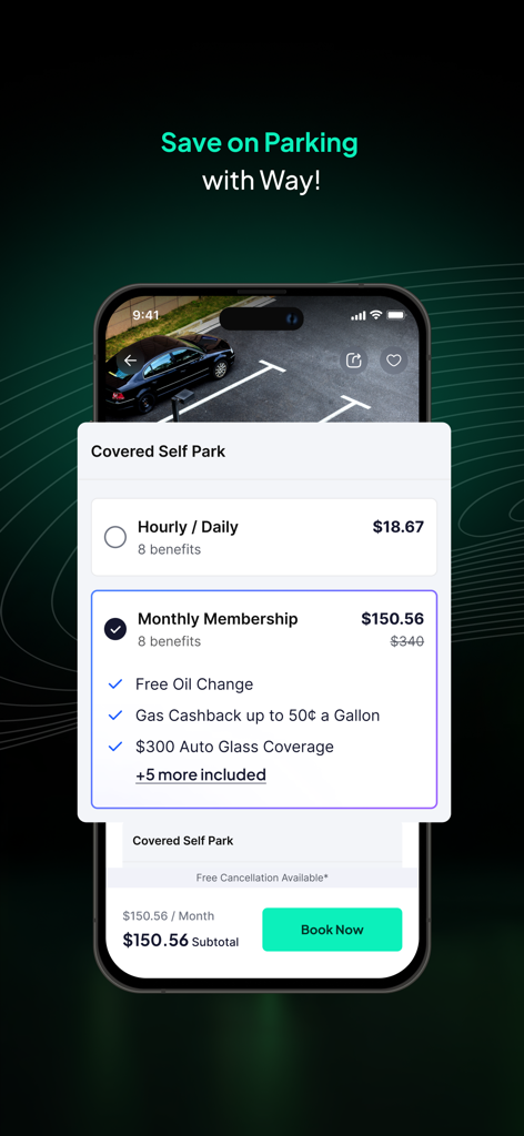Way - #1 Car Services App - Smartphone screen displaying the Way app monthly parking membership options and benefits like gas cashback and free oil changes.