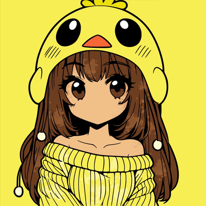 anime girl with chick shaped hat with sweater with bare shoulders with bangs covering them one eye with low tail