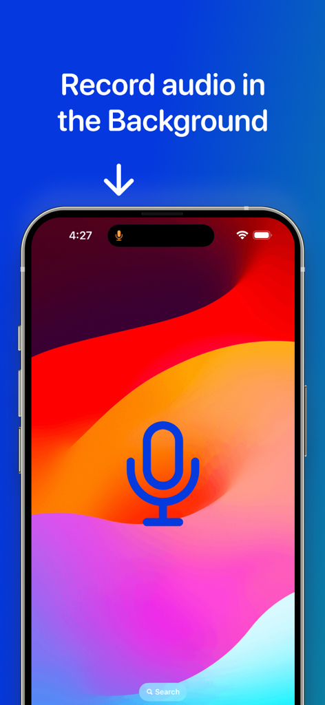 Pantalla de smartphone mostrando la aplicación Transcribe Best grabando audio en segundo plano con un indicador de micrófono en la barra de estado.