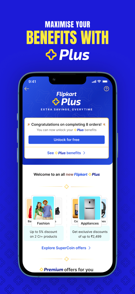 Flipkart - Online Shopping App - 패션 및 가전제품에 대한 회원 혜택, 추가 할인 및 보상을 보여주는 Flipkart Plus 앱 화면.