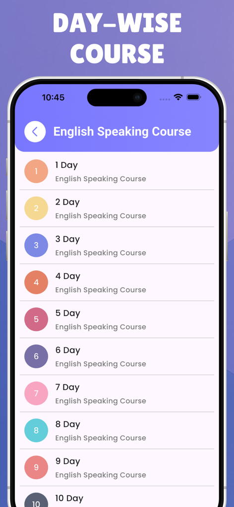 English Speaking Quick Course - Una pantalla de smartphone que muestra un plan de lecciones día a día para un curso de inglés hablado