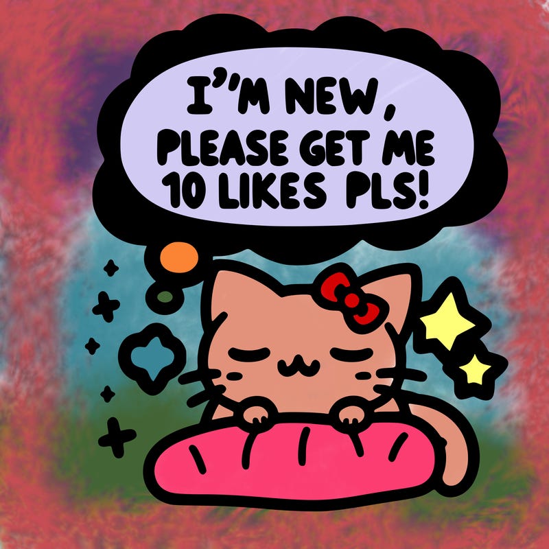 kitty taking a nap dream talking and saying "i'm new, please get me at least 10 likes pls!!"