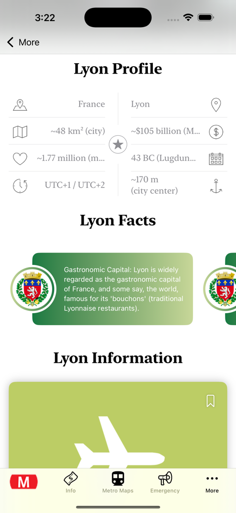 Lyon Subway Map - Écran du profil de la ville de Lyon et des faits montrant des statistiques et des informations gastronomiques