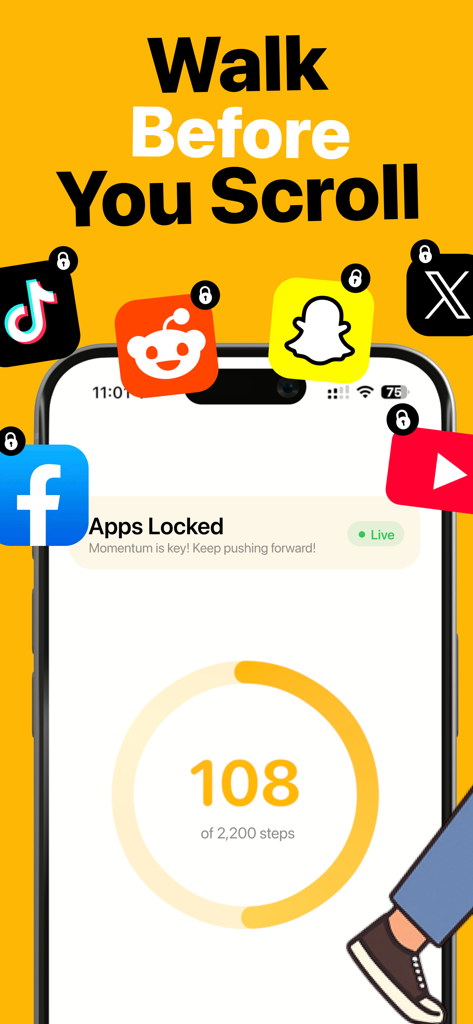 Steps Unlock app displaying a step counter and locked social media apps.