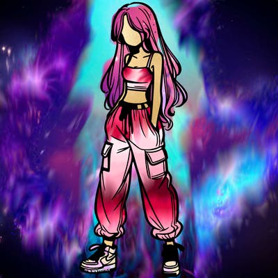 girl in baggy pants crop top and long hair