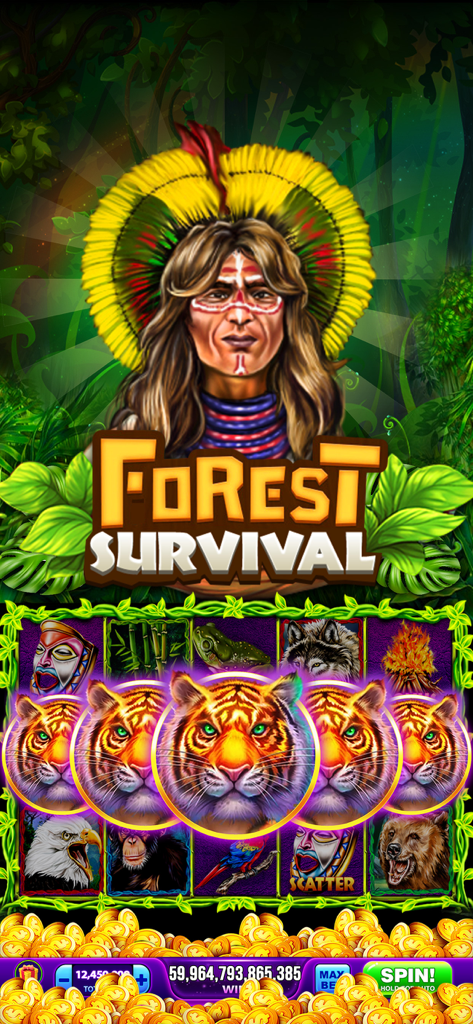 Máquina tragaperras temática de la jungla Forest Survival con símbolos de tigre y monedas de oro
