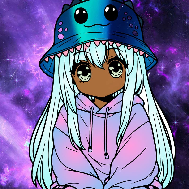 girl with anime shaped eyes with a dinosaur bucket hat oversized sweatshirt long straight hair