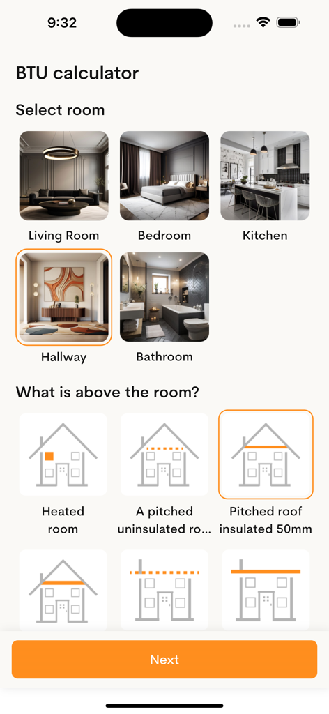 Interface móvel de uma calculadora BTU mostrando opções para selecionar o tipo de cômodo e os níveis de isolamento do telhado.