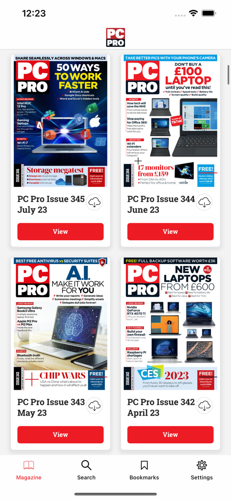 PC Pro Magazine mobile app library view displaying various monthly digital issues for technical professionals