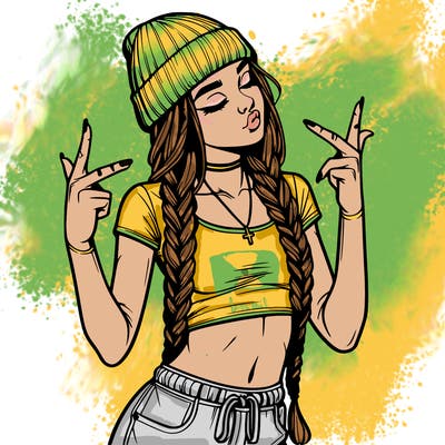 realistic teenage girl with braids and a beanie and crop top doing 🫶🏼
