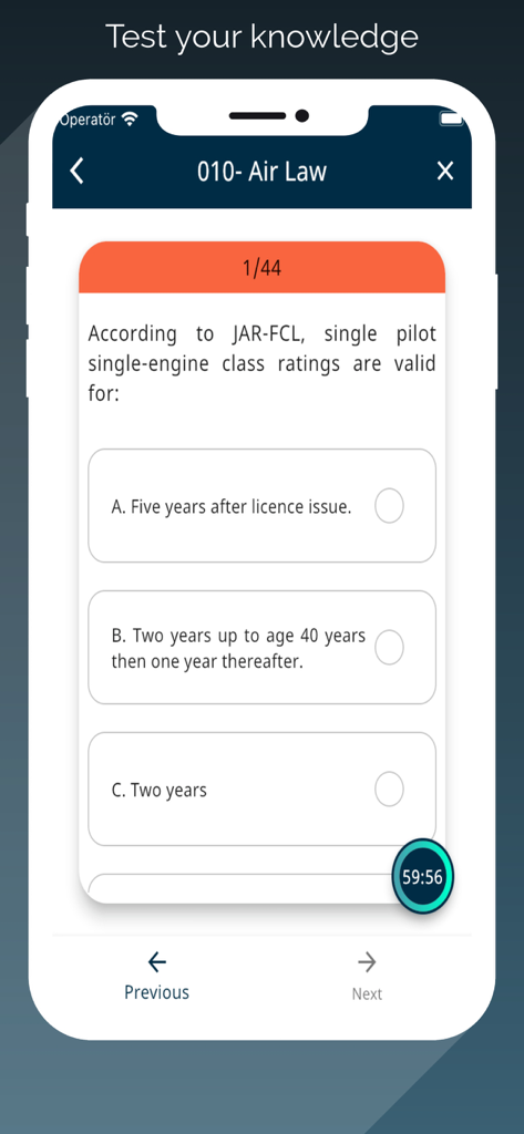 ATPL exam preparation app showing a multiple choice question for Air Law with a countdown timer