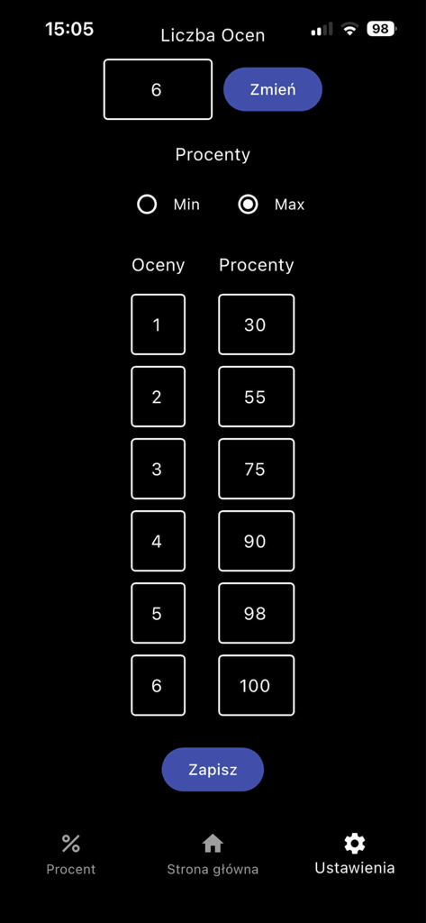 Kalkulator Ocen - Settings screen of the grade calculator app for defining percentage thresholds for grades from 1 to 6