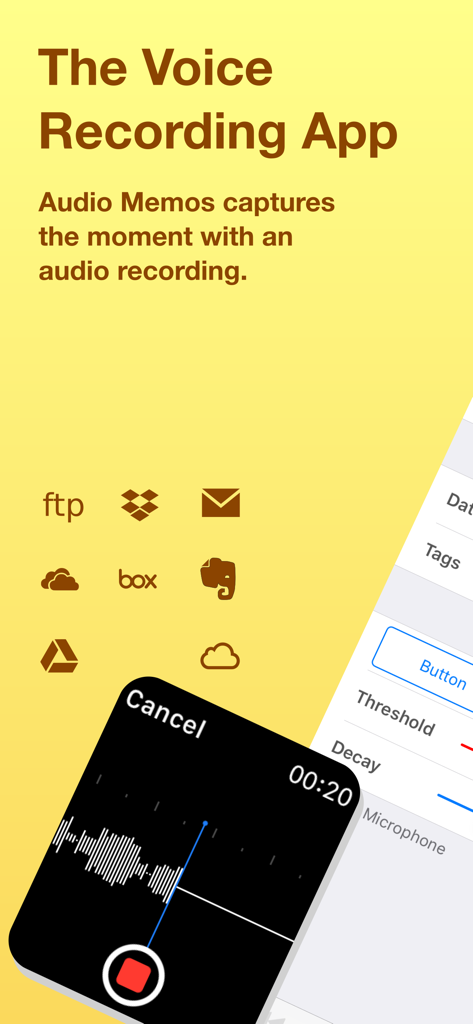 Audio Memos voice recording app showing cloud sync icons and Apple Watch recording interface