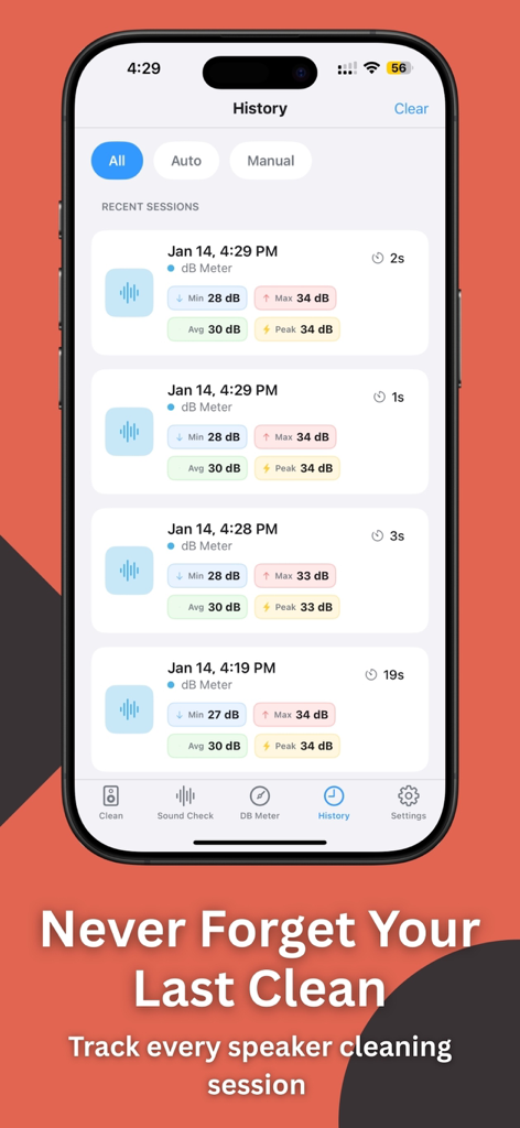 Registro del historial de sesiones de limpieza de altavoces mostrando fechas y niveles de decibelios
