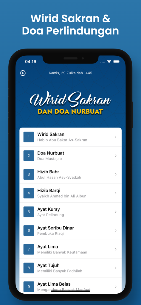 Wirid Sakran & Nurbuat - Main menu of Wirid Sakran app showing a list of Islamic prayers and litanies