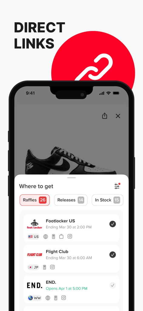 Mobile interface showing direct links to sneaker raffles and retail releases
