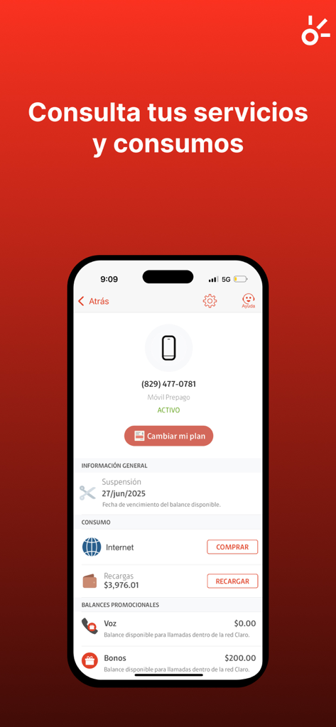 Dashboard of Mi Claro Dominican Republic app displaying mobile service consumption and account balances