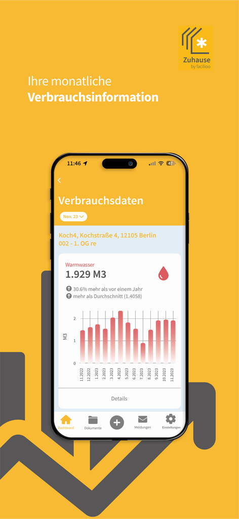 Smartphone screen showing hot water consumption data and monthly bar charts in the Zuhause app