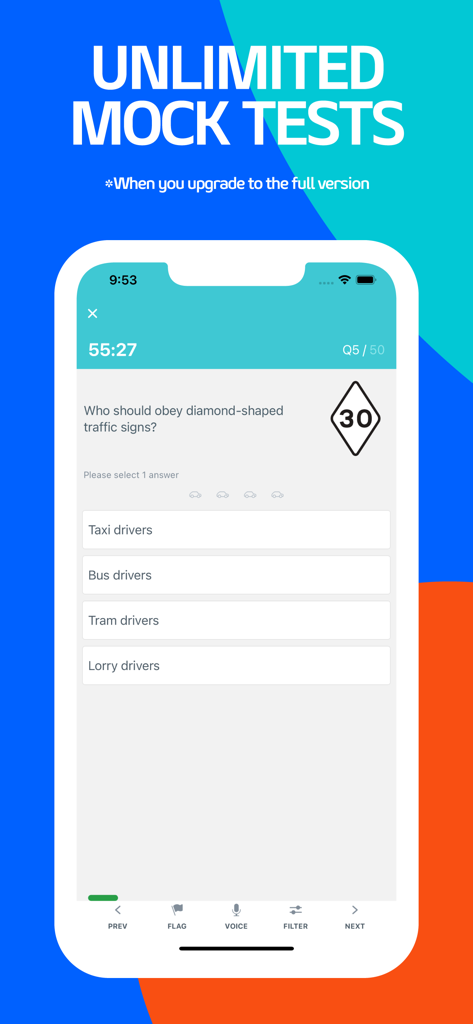 The Complete Theory Test 2026 - A screenshot of a driving theory mock test question about diamond-shaped traffic signs on a mobile phone interface.