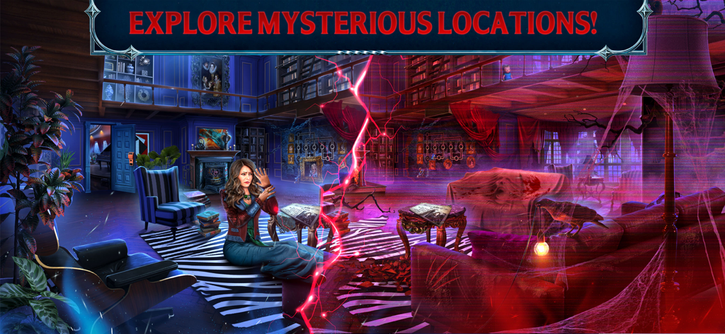 City Legends: The Curse - A woman sitting in a spooky library with a glowing red rift and a raven from City Legends.