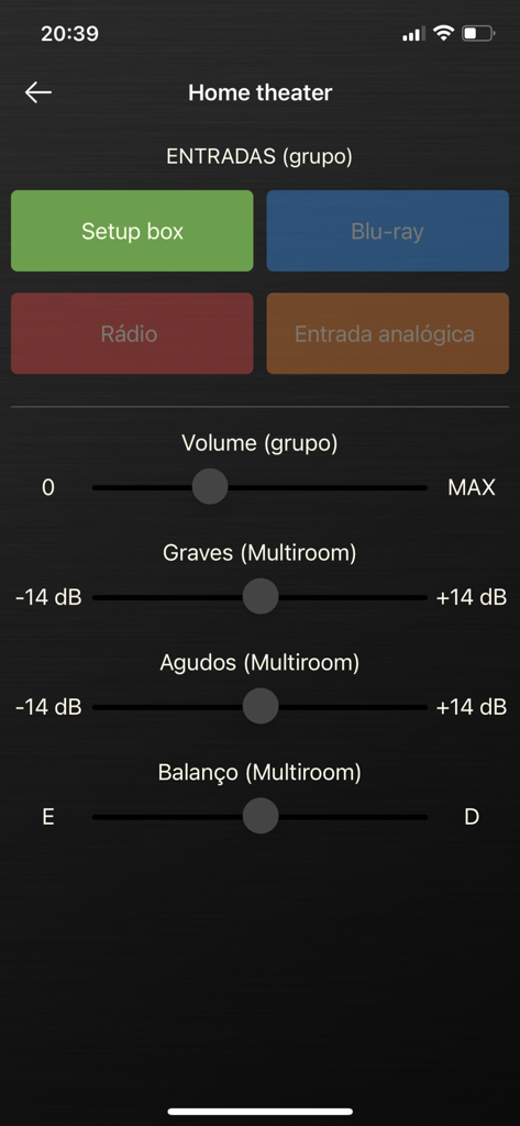 Multiroom - Home theater audio control screen with input selection and sound adjustment sliders