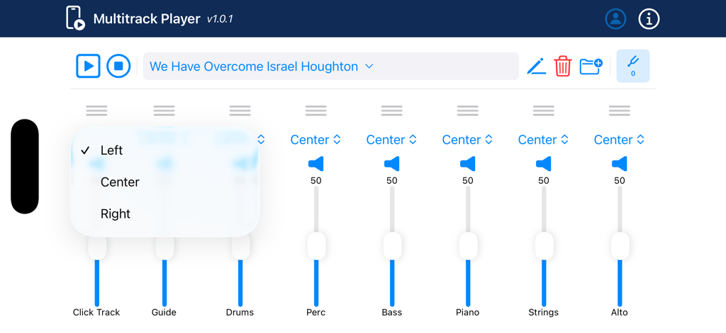The Multitrack Player - A multichannel audio mixer interface in The Multitrack Player app showing faders for drums, bass, and piano with a panning selection menu open.