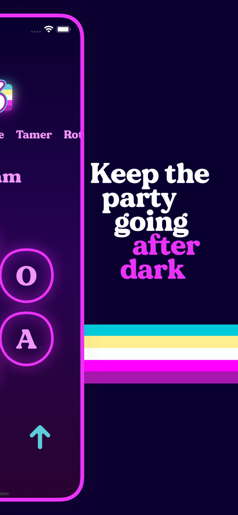 Retrogram - Retrogram word puzzle app screenshot featuring dark mode and a neon 1970s aesthetic