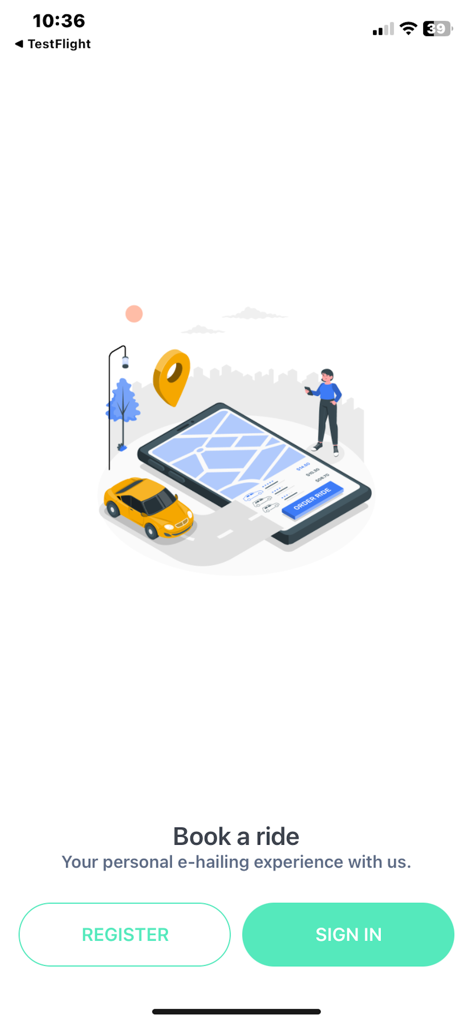 Fleeyo: Taxi, Transfers & Ride - 노란색 택시 그림과 등록 버튼이 있는 개인 e-호출 차량 예약용 Fleeyo 앱 시작 화면