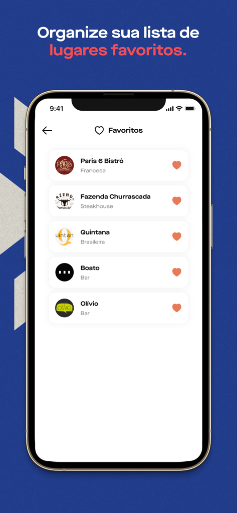 A list of saved favorite restaurants on the Get In mobile application