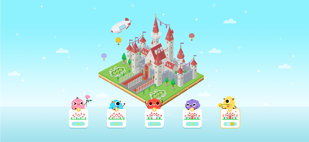 Dinosaur Math Games for kids - A colorful castle building interface in the Dinosaur Math app featuring cute monsters and reward cards