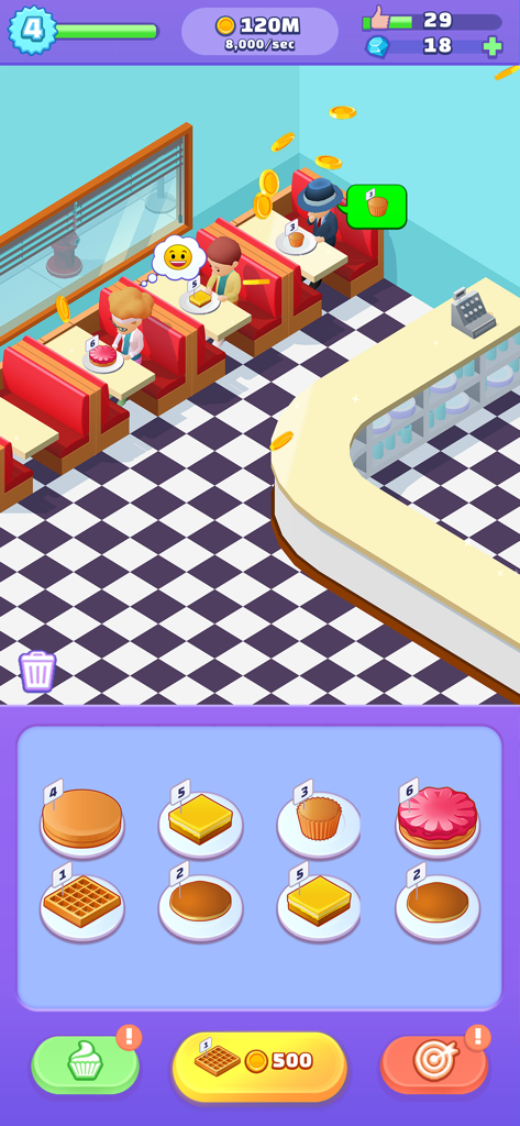 Merge Bakery - In-game view of Merge Bakery showing customers being served in a cafe and a grid of various cakes and waffles to merge.