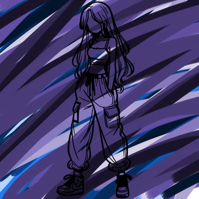 girl in baggy pants crop top and long hair