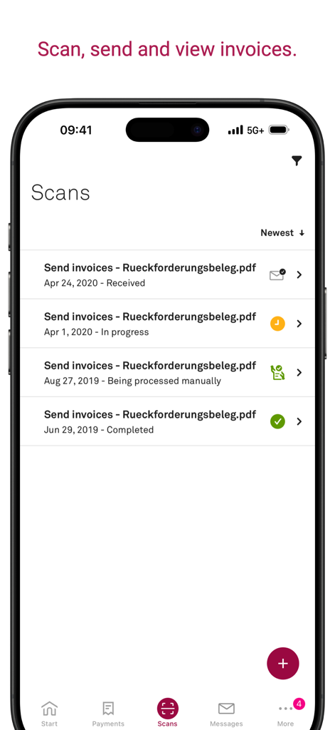 myHelsana - Smartphone screen showing the myHelsana app interface with a list of scanned health insurance invoices and their processing status