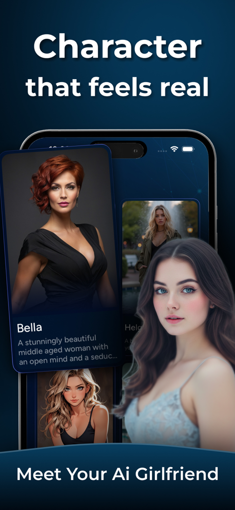 Hi - Ai Character Chat App - Interface d'application mobile montrant des profils de personnages IA réalistes avec le titre Rencontrez votre petite amie IA.