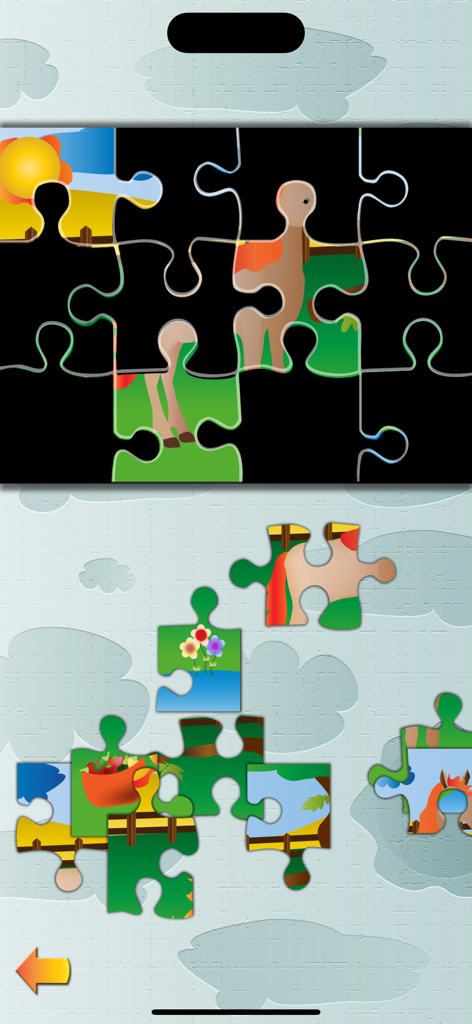 Animal Jigsaw Puzzle: Farm PRO - Una interfaz digital de rompecabezas de animales de granja que muestra piezas coloridas dispersas y una escena de caballo parcialmente completada para niños.