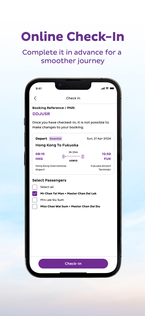 HK Express mobile app interface showing the online check-in screen for a flight from Hong Kong to Fukuoka