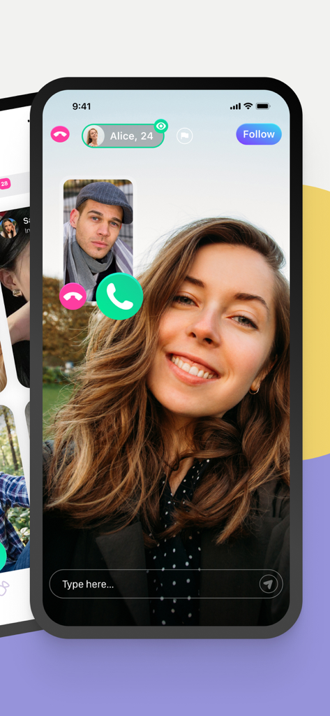 A smartphone screen showing a live one on one video chat between two young adults on the Joi app