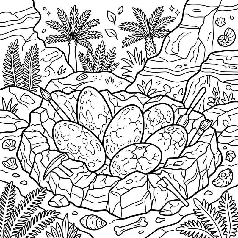 Step back in time and discover an amazing nest of theropod dinosaur eggs, waiting for your creative touch. This detailed coloring page invites you to bring the ancient world of T-Rex and raptors to life with vibrant colors.