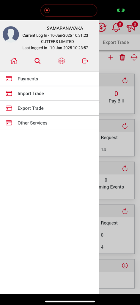 支払いと貿易管理のための法人バンキングオプションを表示するDFCC iConnectアプリのナビゲーションメニュー